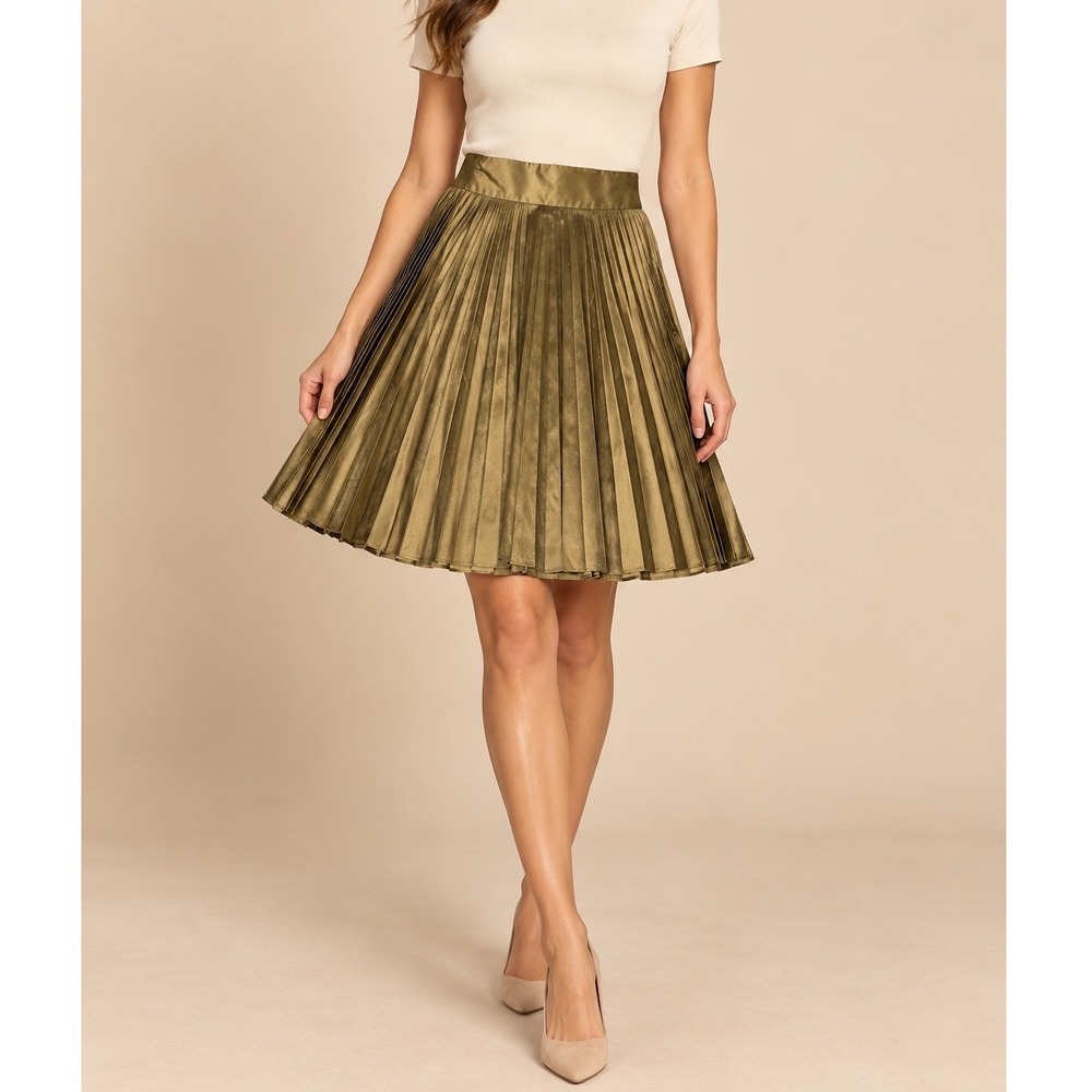 Talbots Collection Silk Pleated Skirt Olive Gold Hand Woven Petite 4 g5